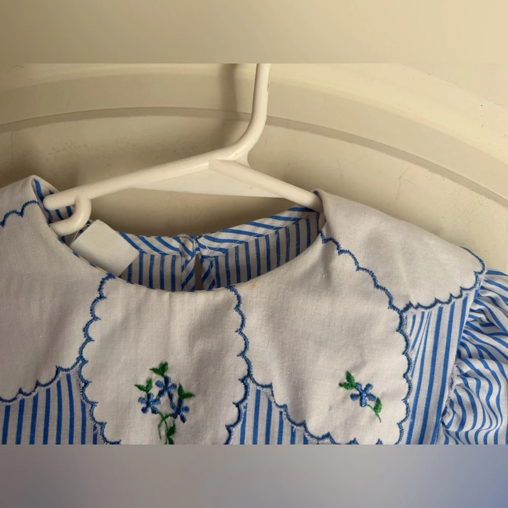 Vintage Elegant Blue Striped Kids Dress‎ with Embroidered Collar cottagecore